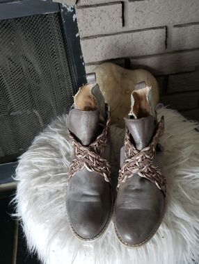 Unity in Diversity Taupe Leather Ankle Boots with Braided Straps